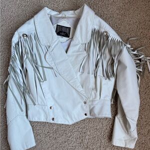 Vintage Outer Bound White Leather Fringe Jacket – Cropped Western Style